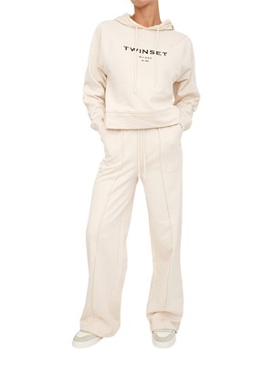 Tuta sportiva Twinset felpa+pantaloni in jersey di cotone avorio con logo contrasto in DONNA