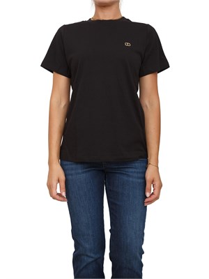 T-shirt Twinset in jersey di cotone nero con placchetta Oval T strass in DONNA