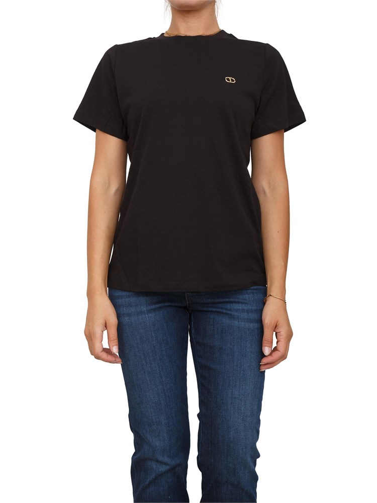 T-shirt Twinset in jersey di cotone nero con placchetta Oval T strass