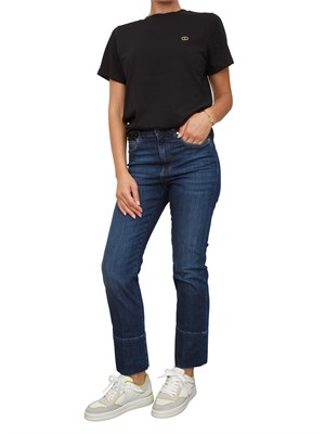 T-shirt Twinset in jersey di cotone nero con placchetta Oval T strass in DONNA