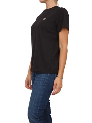 T-shirt Twinset in jersey di cotone nero con placchetta Oval T strass in DONNA