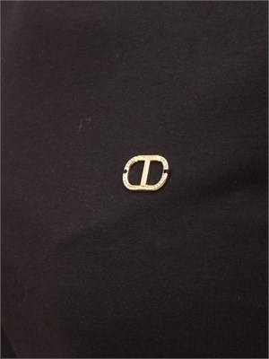 T-shirt Twinset in jersey di cotone nero con placchetta Oval T strass in DONNA