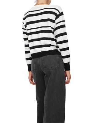 Maglia girocollo Twinset in misto lana a righe bicolor nero bianco e logo lettering in DONNA