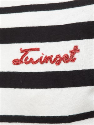 Maglia girocollo Twinset in misto lana a righe bicolor nero bianco e logo lettering in DONNA