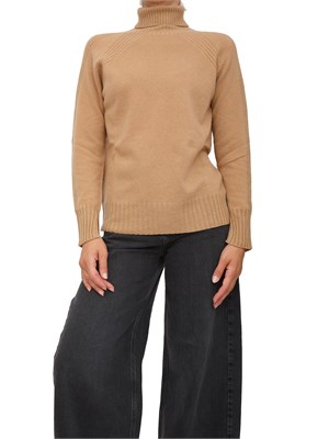 Maglia collo alto Twinset in misto cashmere cammello con bordi lurex in DONNA