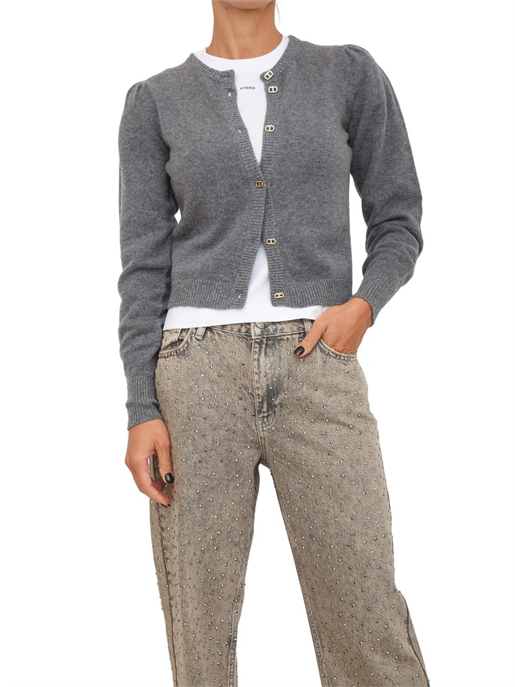 Cardigan Twinset in misto mohair grigio con bottoni logo oro