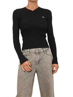 Maglia Twinset in filato a costine nera con lavorazione traforata in DONNA