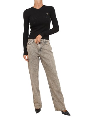Maglia Twinset in filato a costine nera con lavorazione traforata in DONNA