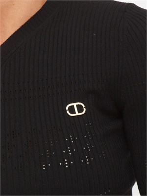 Maglia Twinset in filato a costine nera con lavorazione traforata in DONNA