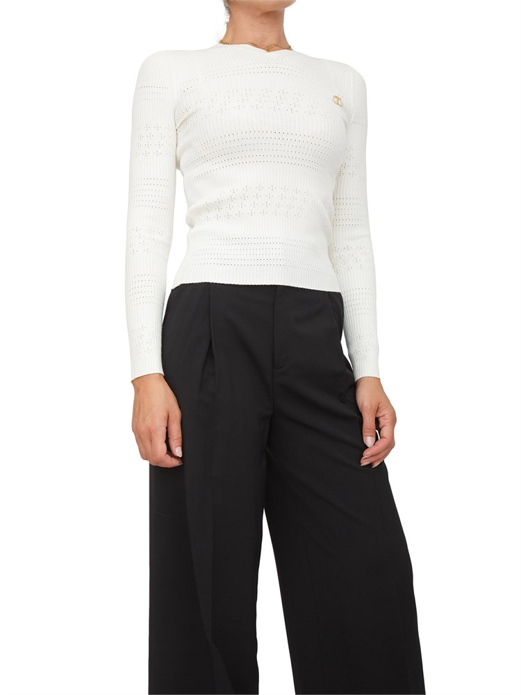 Maglia Twinset in filato a costine bianca con lavorazione traforata