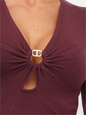 Abito longuette in maglia bordeaux con scollo con logo Oval T in DONNA