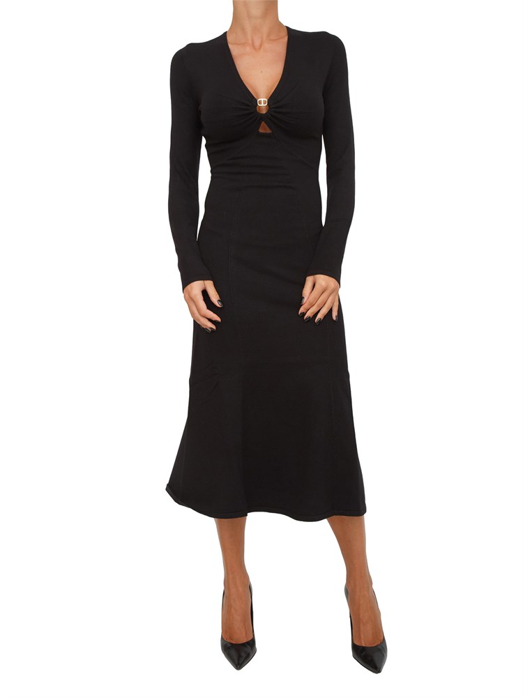 Abito longuette in maglia nero con scollo con logo Oval T