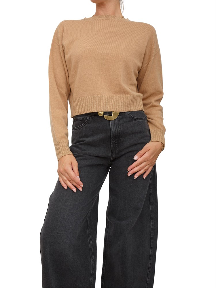 Maglia cropped Twinset in misto mohair cammello con inserti lurex in fondo