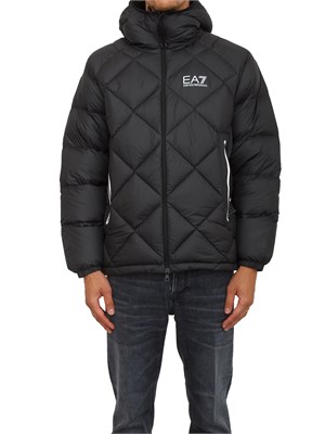 Piumino nero EA7 con cappuccio in tessuto tecnico in UOMO