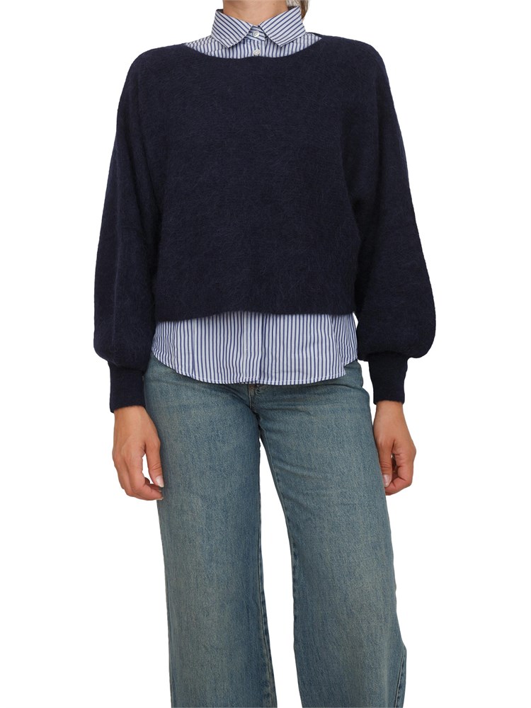 Maglia Marella girocollo in lana e alpaca blu con polsini a palloncino