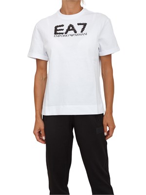 T-shirt EA7 Emporio Armani in cotone nero con maxi logo paillettes a contrasto in DONNA