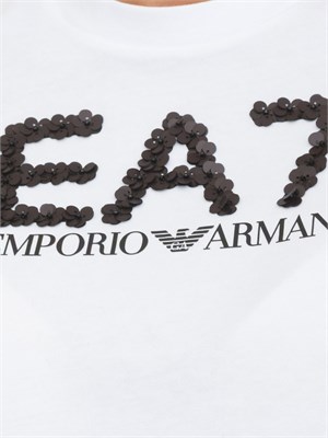 T-shirt EA7 Emporio Armani in cotone nero con maxi logo paillettes a contrasto in DONNA