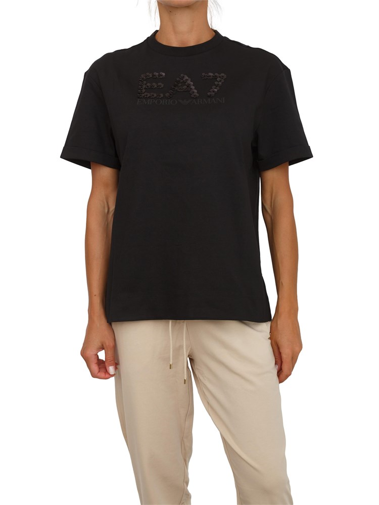 T-shirt EA7 Emporio Armani in cotone nero con maxi logo paillettes tono su tono