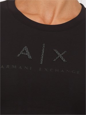 T-shirt donna Armani Exchange in jersey di cotone nero con logo strass tono su tono in DONNA