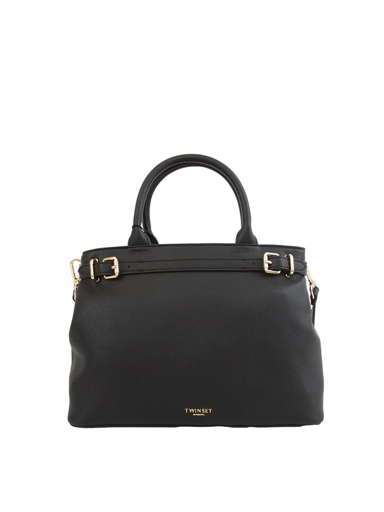 Borsa shopper Twinset con fibbie e tracolla in pelle ecologica nera