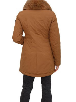 Piumino liscio Peuterey in piuma e nylon marrone con collo pelliccia volpe in DONNA
