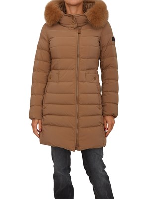 Piumino lungo marrone in piuma naturale Peuterey con collo alto e pelliccia volpe removibile in DONNA