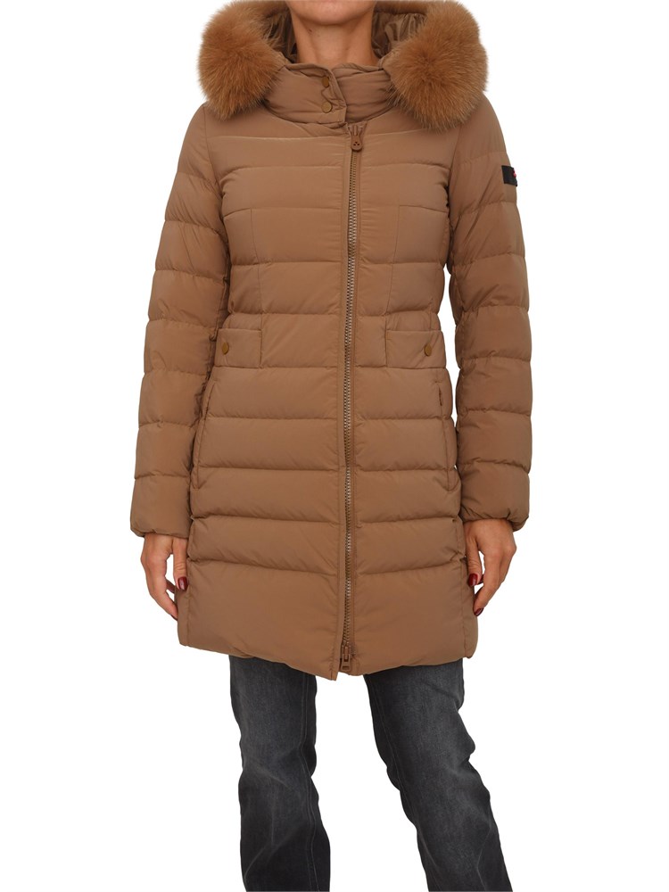 Piumino lungo marrone in piuma naturale Peuterey con collo alto e pelliccia volpe removibile