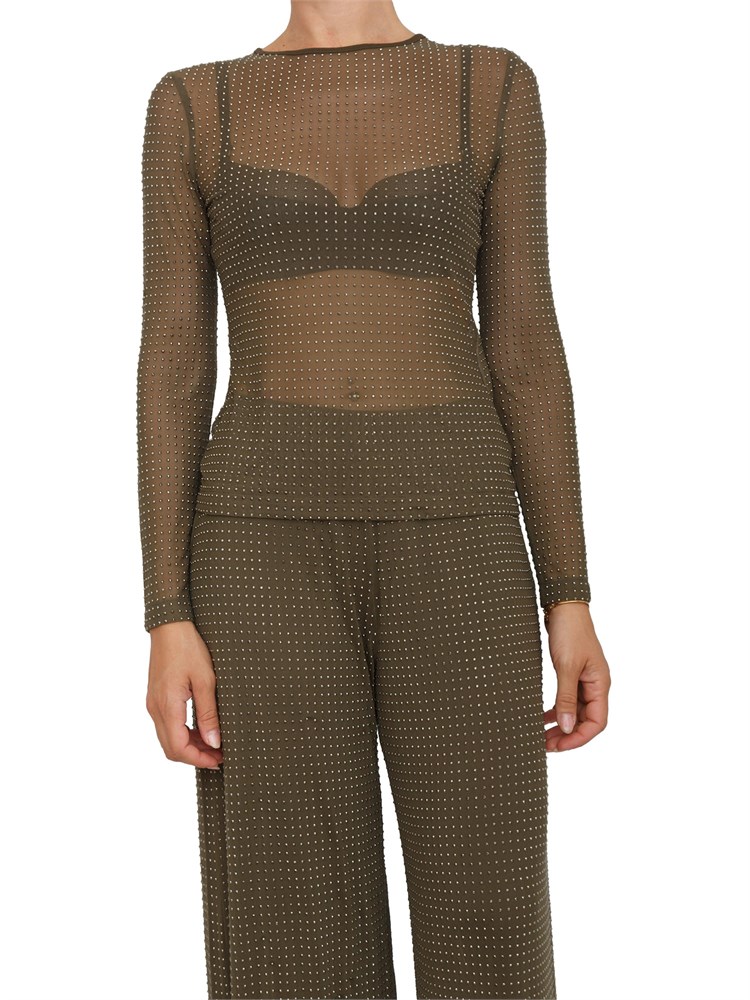 Blusa Marella in tulle trasparente verde con cristalli all over