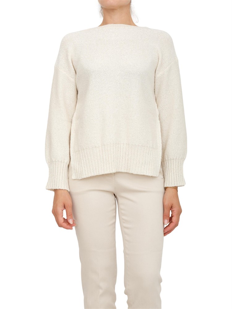 Maglia Marella in misto cashmere crema con paillettes e spacco con bottone