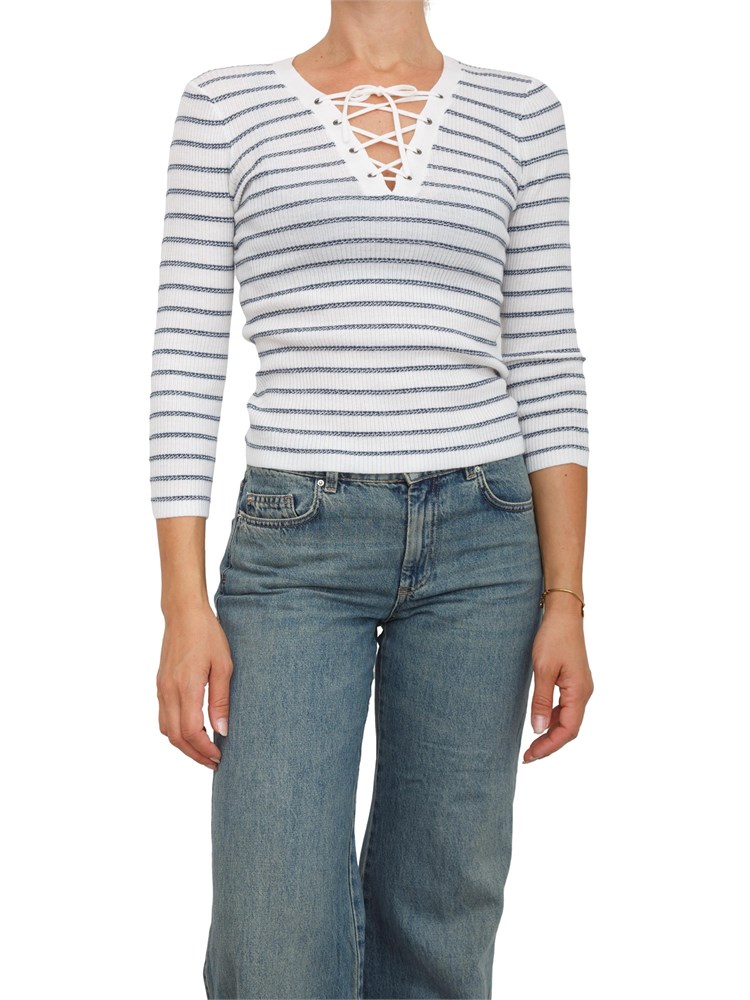 Maglia Marella in pura lana extrafine bianca con righe blu con lurex
