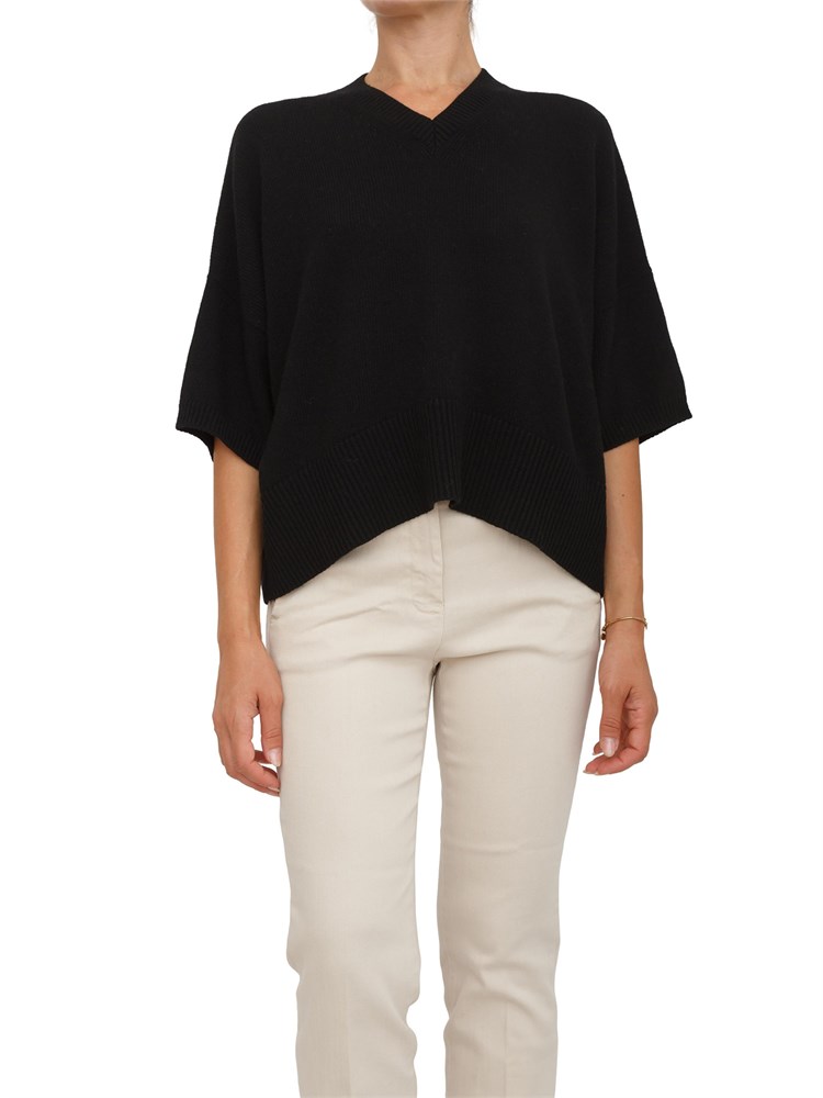 Maglia Marella manica corta scesa con scollo V in misto lana nera