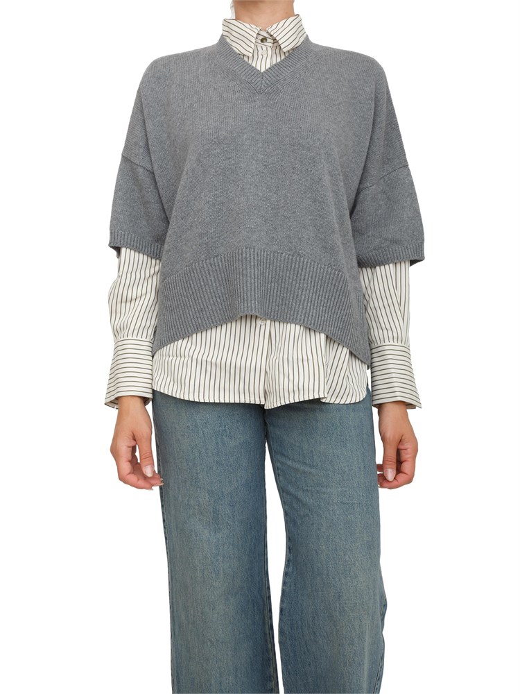 Maglia Marella manica corta scesa con scollo V in misto lana grigia