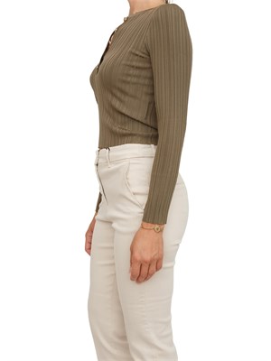 Maglia Marella scollo V con bottoni logo in misto di viscosa verde a costine irregolari in DONNA