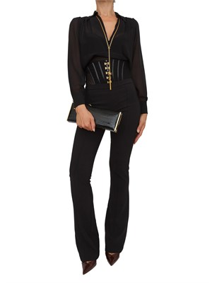 Pantaloni Elisabetta Franchi in crêpe leggero nero con ganci gioiello a bustino in DONNA