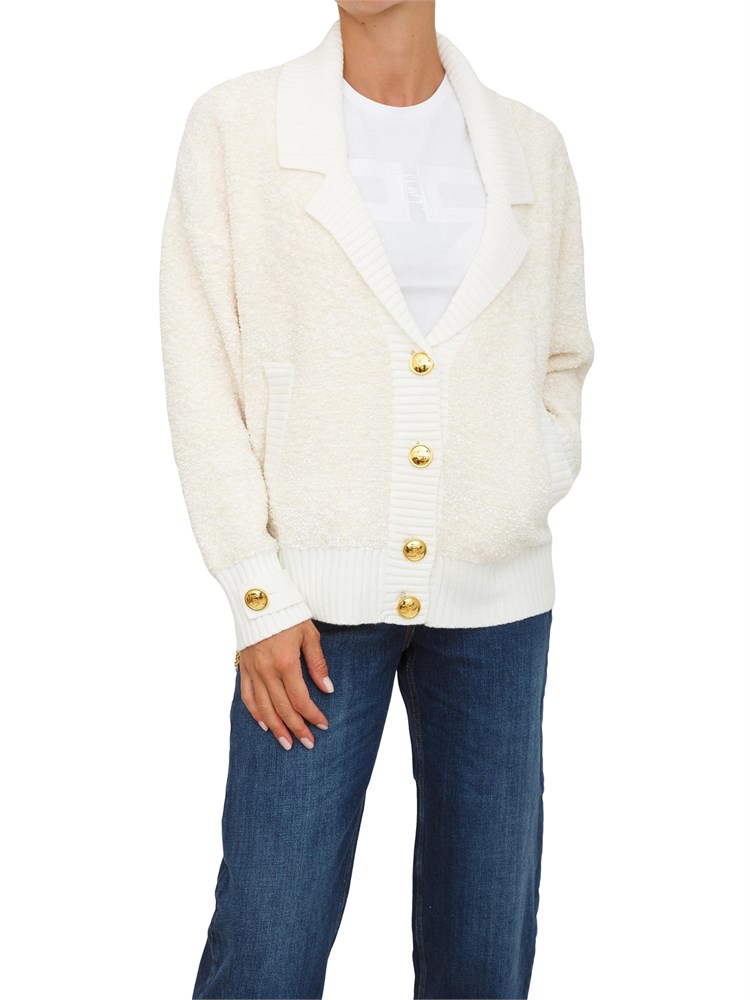 Cardigan Elisabetta Franchi in ciniglia bouclé bianco con bottoni gioiello