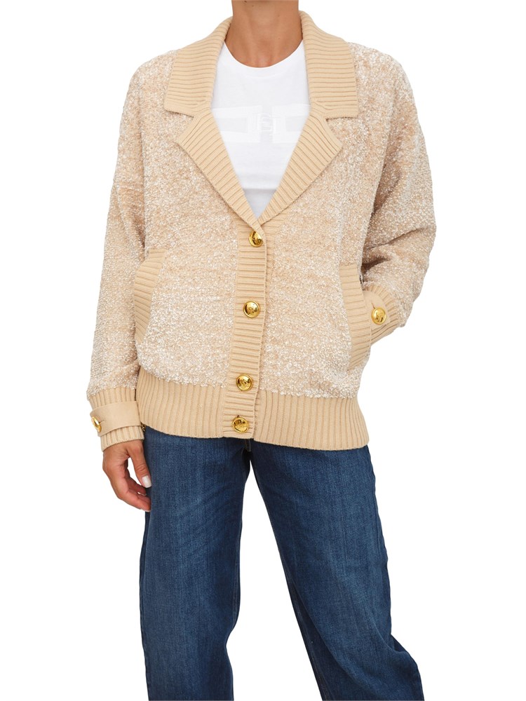 Cardigan Elisabetta Franchi in ciniglia bouclé beige con bottoni gioiello