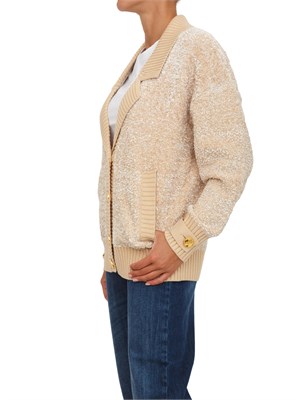 Cardigan Elisabetta Franchi in ciniglia bouclé beige con bottoni gioiello in DONNA