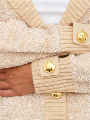 Cardigan Elisabetta Franchi in ciniglia bouclé beige con bottoni gioiello in DONNA