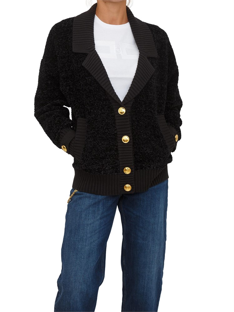 Cardigan Elisabetta Franchi in ciniglia bouclé nero con bottoni gioiello