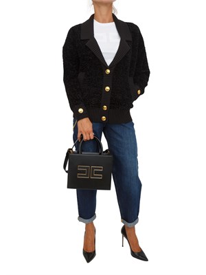 Cardigan Elisabetta Franchi in ciniglia bouclé nero con bottoni gioiello in DONNA