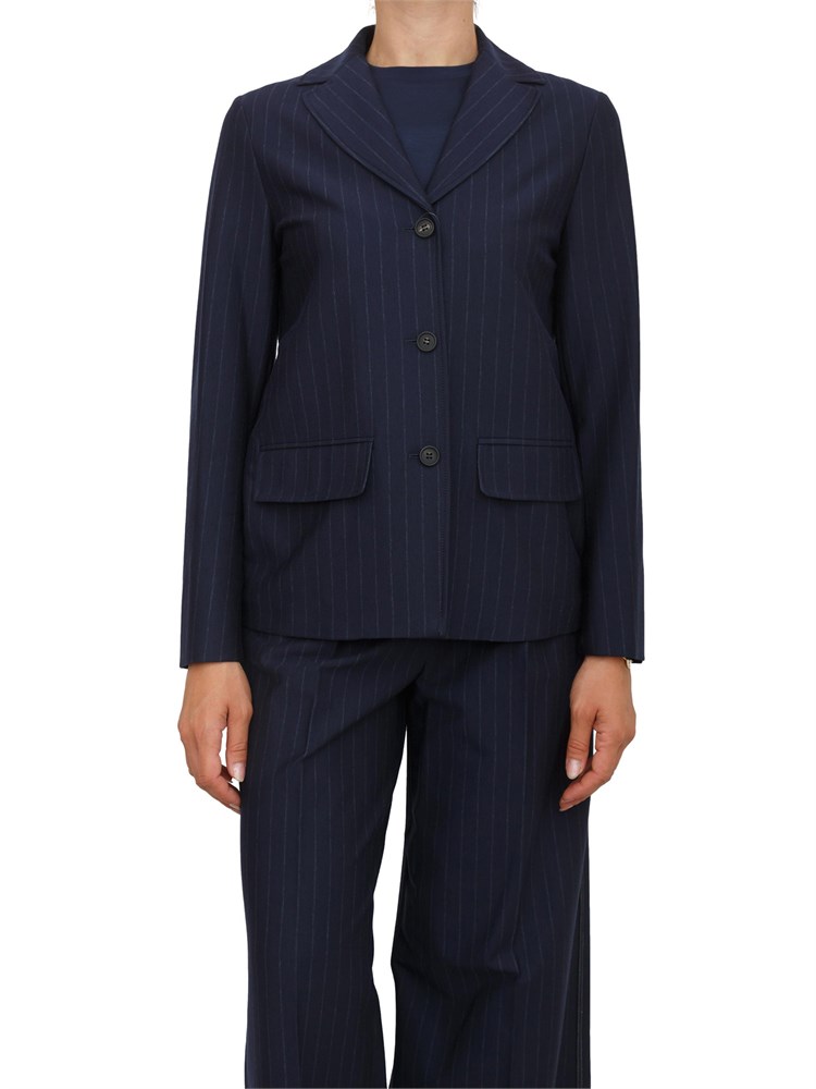 Giacca monopetto Max Mara MM in drop di pura lana gessata blu