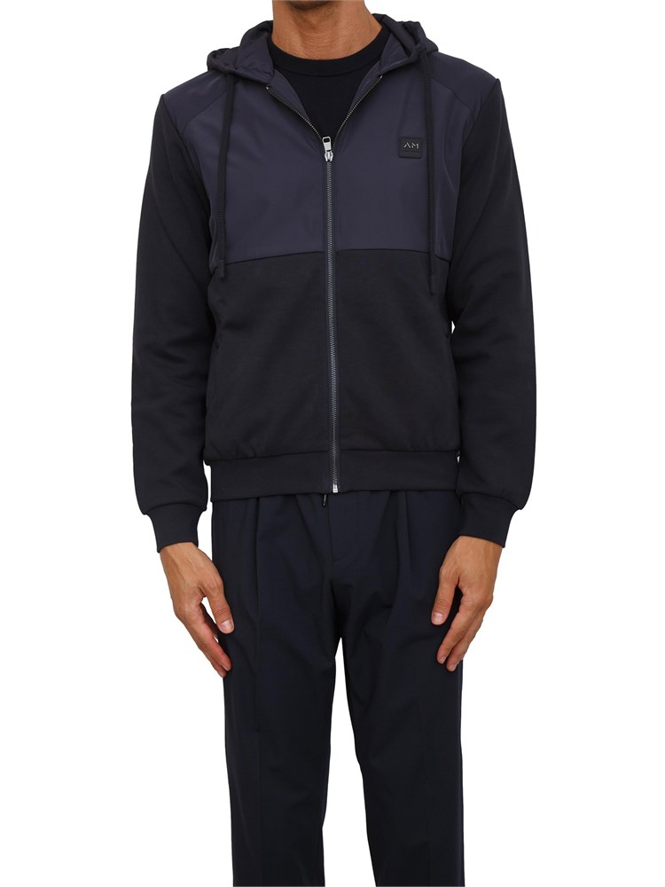 Felpa Antony Morato con zip e cappuccio in cotone interlock e tessuto tecnico blu