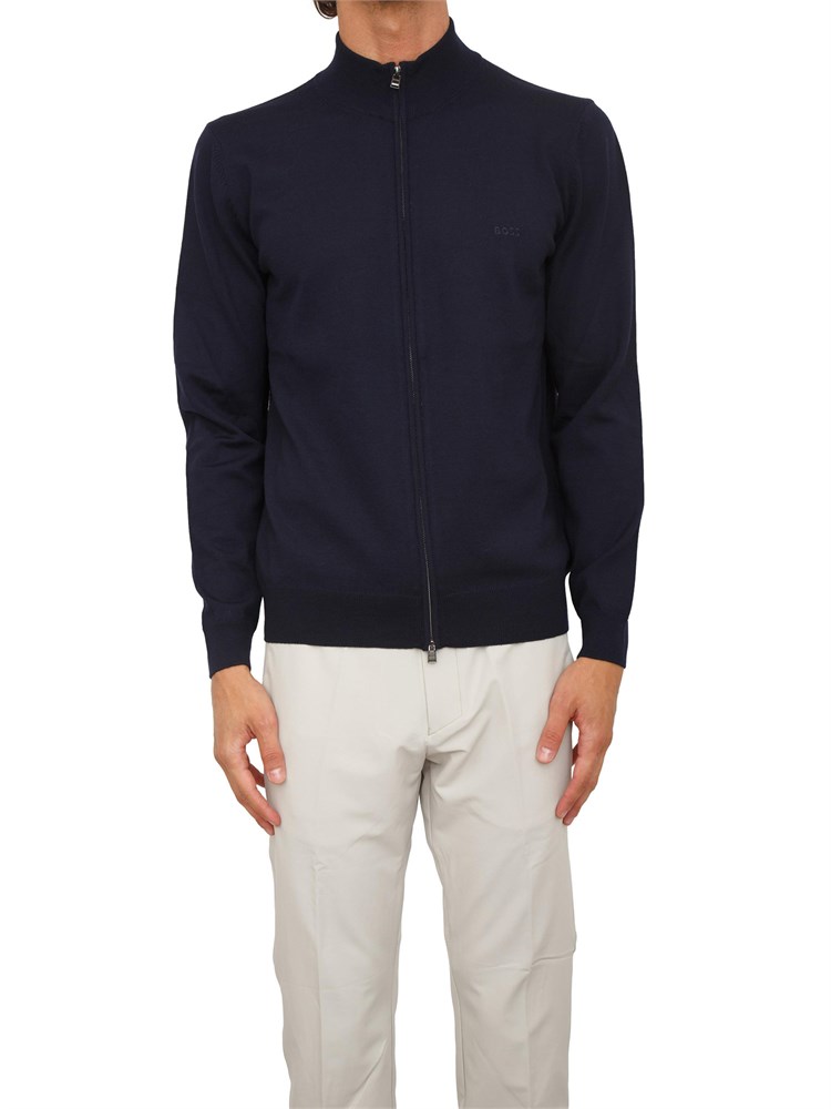 Maglia cardigan Boss uomo in lana vergine blu