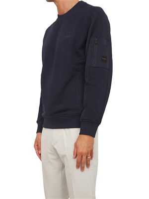 Felpa Boss uomo in misto cotone blu con tasca e zip su manica in UOMO