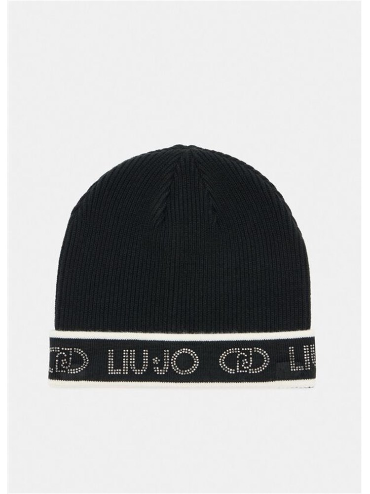 Berretto Liu Jo in maglia a costine nera con logo strass