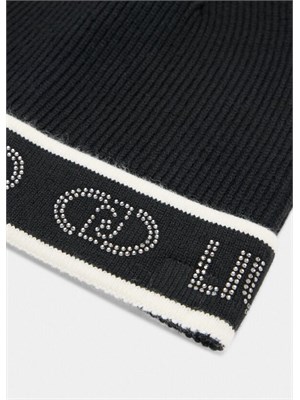 Berretto Liu Jo in maglia a costine nera con logo strass in DONNA