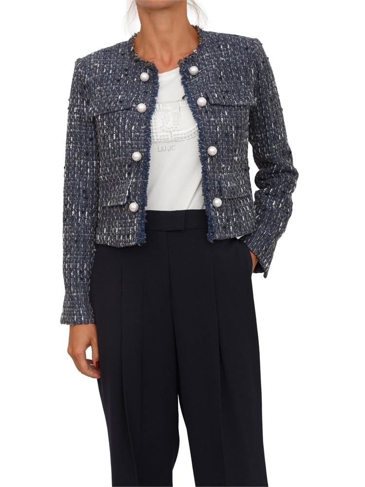 Giacca monopetto Liu Jo donna in bouclÉ blu con perle