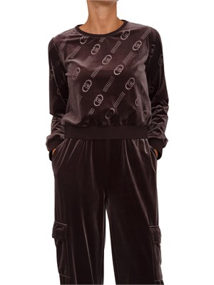 Felpa girocollo Liu Jo donna in ciniglia marrone logo all over in DONNA