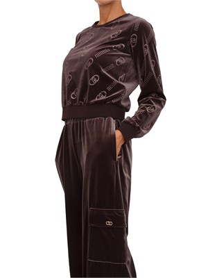 Felpa girocollo Liu Jo donna in ciniglia marrone logo all over in DONNA