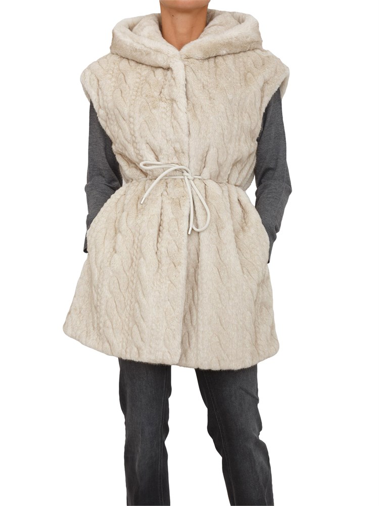 Gilet Liu Jo donna in teddy avorio con cappuccio e cintura